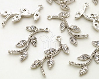 AC-694-OR / 2 Pcs - Cubic Zirconia Stem Connectors, CZ Twig Branch Connector Links, Silver Plated over Brass / 11mm x 22mm