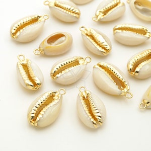 MP-008-GD / 2 Pcs - Gold Dipped Natural Cowrie Shell Charm, Cowrie Shell Bead Pendant, Handmade Summer Beach Jewelry Charm