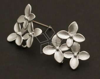 SI-126-MS / 2 Pcs - Cherry Blossom Earring Findings, Triple Flowers Ear Posts, Matte Silver Plated, 925 Sterling Silver Post / 14x15mm
