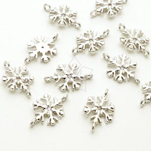 PD-2329-OR / 2 Pcs - Tiny CZ Snow Flower Charms, Sideways Snow Flake Connectors, Winter Snow Pendant, Silver Plated over Brass / 8mm