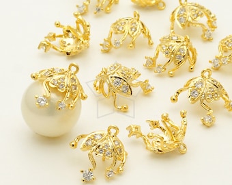 CP-050-GD / 2 pezzi - Cappello con perline di fiori di edera con piolo, tappi con perline con impostazione CZ per la creazione di gioielli con perle fai-da-te, placcato in oro su ottone / 10-12 mm