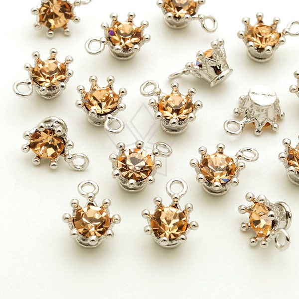 PD-1773-OR / 4 Pcs - Tiny Rhinestone Crown Charms, Tiara Charm Pendant (Peach), Silver Plated over Pewter / 7.7mm x 10mm