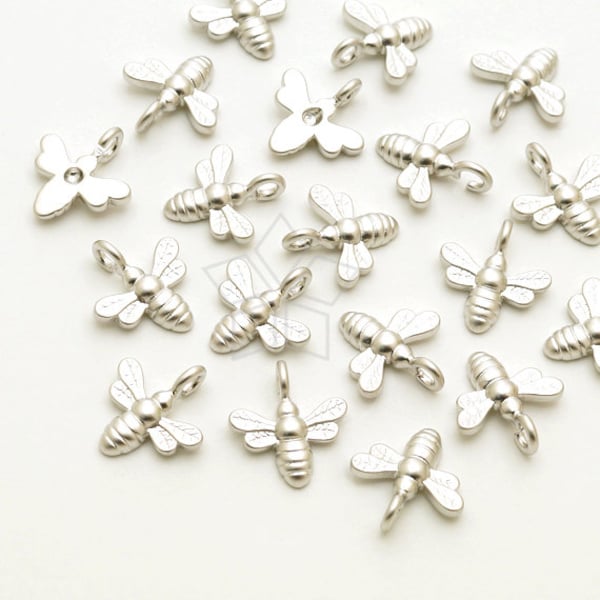 PD-1694-MS / 2 Pcs - New Tiny Mini Honey Bee Charm Pendant with a Large Loop, Matte Silver Plated over Brass / 9mm x 10mm