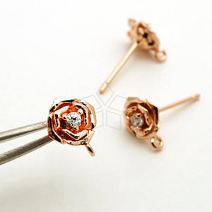 SI-866-RG / 2 Pcs - Dainty Tiny Rose CZ Stud Earrings, Rose Gold Plated Rose Flower Post Studs, 925 Sterling Silver Post / 7mm
