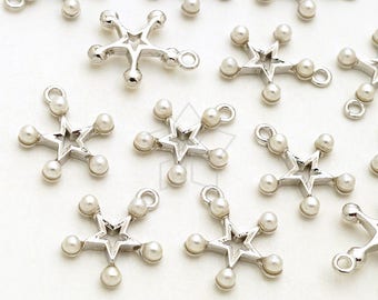 PD-2507-OR / 2 Pcs - Tiny Pearl Beads Star Charms, White Pearl Beads Ornamented Star Pendant, Silver Plated over Brass / 10.5mm x 12mm