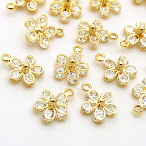 PD-2151-GD / 2 Pcs - Little CZ Flower Charms, Floating Setting Cubic Zirconia Flower Pendant, Gold Plated over Brass / 8.4mm