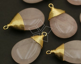 GM-R14-RO / 2 Pcs - Rose Quartz Smooth Drop Pendant, Gemstone Teardrop Charm, Gold Plated Wire Wrapped / 12mm x 20mm