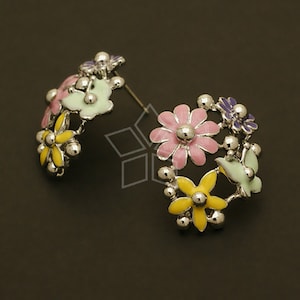 SI-490-OR / 2 Pcs - Pastel Colorful Flower Earrings, Silver Plated over Brass, 925 Sterling Silver Post / 19mm x 23mm