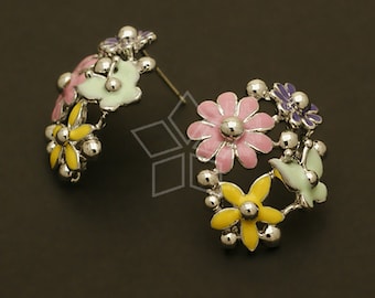 SI-490-OR / 2 Pcs - Pastel Colorful Flower Earrings, Silver Plated over Brass, 925 Sterling Silver Post / 19mm x 23mm