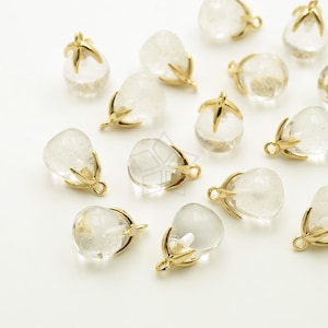 PD-3273-GD / 2 Pcs - Natural Stone Smooth Drop Pendant, Rock Crystal Gemstone Tear Drop Charm with Gold Plated Cap Bail / 8mm x 11mm