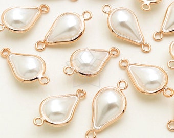 PD-2691-RG / 2 Pcs - Tear Drop Pearl Metal Wrapped Connector, White Pearl Pendant (Small Size), Rose Gold Plated Brass Bezel / 8mm x 17mm