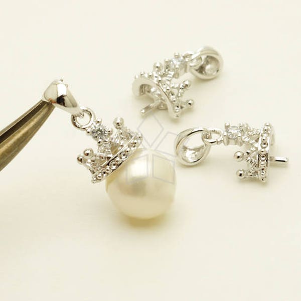 PD-2280-OR / 2 Pcs - Tiara Dangle Pendant for Half Drilled Pearl, Dainty Crown Pendant, Silver Plated over Brass / 8mm x 12mm