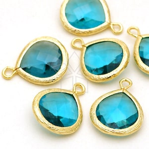 PD-250-GD / 2 Pcs - NEW Fancy Drop Pendant Blue Zircon, Blue Gemstone Bezel Charm, Gold Plated over Brass / 13mm x 17mm