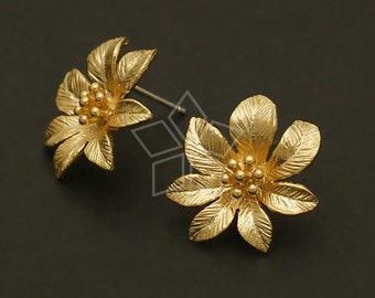 SI-525-MG / 2 Pcs - Full Bloom Earrings, Flower Ear Posts, Matte Gold Plated, 925 Sterling Silver Post / 17mm