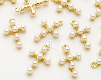 PD-2514-GD / 2 Pcs - Tiny Pearl Beads Cross Charms, White Pearl Beads Cross Pendant, Gold Plated over Brass / 9.5mm x 15mm