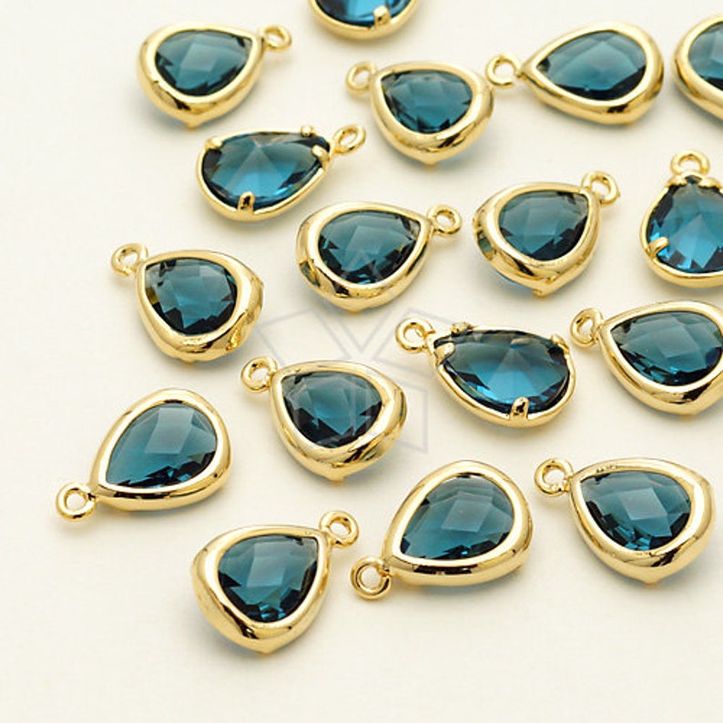 PD-881-GD / 2 Pcs Cute Mini Glass Stone Drop Pendant Montana Blue, 16K Gold Plated over Brass / 7mm x 11mm image 1