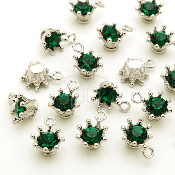 PD-1769-OR / 4 Pcs - Tiny Rhinestone Crown Tiara bezel Charms, Emerald Glass Gemstone Charm Pendant, Silver Plated over Pewter / 7.7x10mm