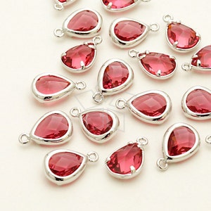 PD-878-OR / 2 Pcs - Cute Mini Glass Stone Drop Pendant (Ruby), Gemstone Teardrop Charm, Silver Plated over Brass / 7mm x 11mm