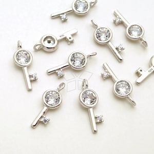 SV-358-OR / 1 Pcs - Cubic Mini Key Charms, Simple Key Pendant, CZ Tiny Key Charms, Tarnish Resistant 925 Sterling Silver / 4.5mm x 12mm