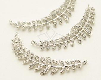 PD-1195-OR / 1 Pc - Lux CZ Laurel Leaves Sideways Pendant, Leaf Branch Necklace Pendant, Silver Plated over Brass / 38 x 16mm