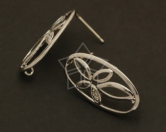 SI-310-OR / 2 Pcs - Flower In Oval Earring Findings, Silver Plated Ear Posts, 925 Sterling Silver Post / 11mm x 21mm
