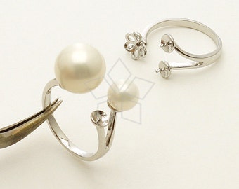 RR-014-OR / 2 Pcs - Flower Triple Pearl Cups Ring Base, Adjustable Ring Size, Silver Plated over Brass / Free Size