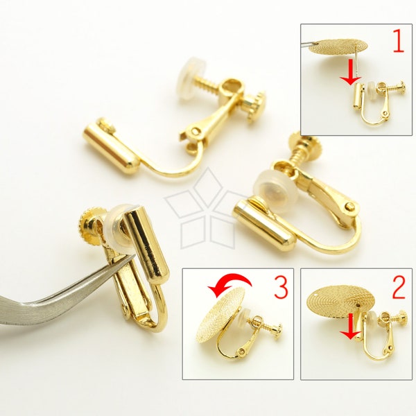 EA-335-GD / 2 Pcs - Screwback Clip on Earrings, Convert Ear Studs into Ear Clips for Non-Pierced Ears, Vertical, Gold Plated / 15mm