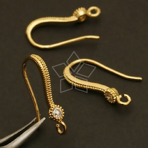 EA-097-GD / 4 Pcs Shapely Single Stone Hook Ear Wires, Jewelry Earrings Findings, Gold Plated over Brass / 18.5mm image 1