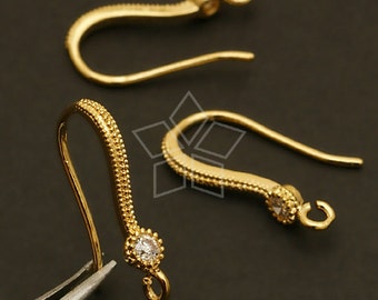 EA-097-GD / 4 Pcs - Shapely Single Stone Hook Ear Wires, Jewelry Earrings Findings, Gold Plated over Brass / 18.5mm