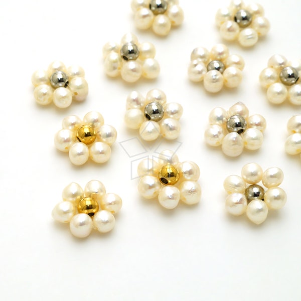 FW18 / 2 pcs - Natural Fresh Water Pearl Flower Bead Charms, Handmade White Pearls & Stainless Steel Ball Bead Flower / 11mm