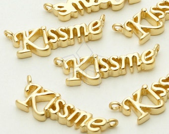 PD-713-MG / 2 Pcs - Kiss Me Script Pendant, Love Word Letter Necklace Pendant, Matte Gold Plated over Brass / 19mm x 7mm