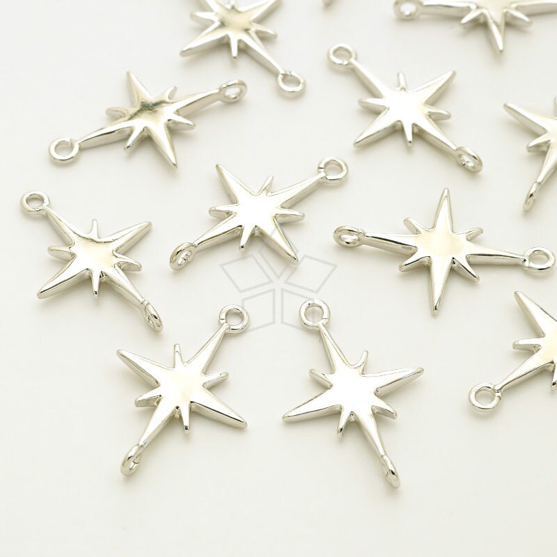 PD-3150-OR / 2 Pcs - Simple Morning Star Pendant, Shiny Star Charms, Sideways Star Connector, Silver Plated Brass / 12.7mm x 19mm