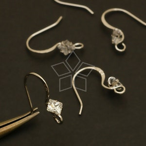 SV-101-OR / 2 Pcs - Diamond-Shaped Stone French Hook Ear Wires, Rhodium Plated over .925 Sterling Silver / 13.5mm