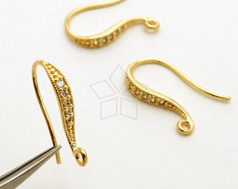 EA-250-GD / 4 Pcs - Shapely Stone Hook Ear Wires, Larger Size CZ Wedding Bridal Earrings Findings, Gold Plated over Brass / 18mm