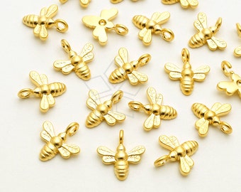 PD-1695-MG / 2 Pcs - New Tiny Mini Honey Bee Charm Pendant with a Large Loop, Matte Gold Plated over Brass / 9mm x 10mm