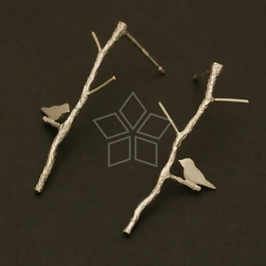 SI-455-MS / 2 Pcs - Tree and Bird Earrings, Thin Sprig Twig Long Stick Ear Posts, Matte Silver Plated, 925 Sterling Silver Post / 30mm