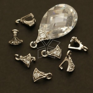 PS-056-OR / 4 Pcs - Axe Pinch Bail with CZ Stone Detail, Small Tiny Gemstone Bail, Silver Plated over Brass / 4mm x 6mm