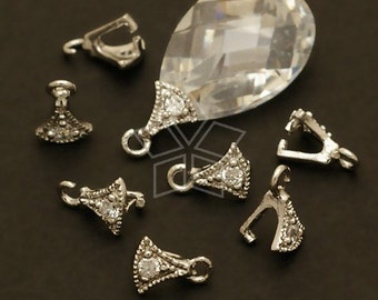 PS-056-OR / 4 Pcs - Axe Pinch Bail with CZ Stone Detail, Small Tiny Gemstone Bail, Silver Plated over Brass / 4mm x 6mm