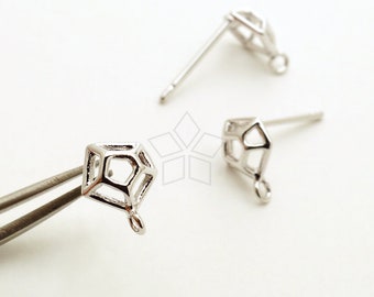 SI-1016-OR / 2 Pcs - Geometry Pentagonal Stud Earrings, Spiderweb Ear Posts, Silver Plated, with 925 Sterling Silver Post / 6mm x 8mm