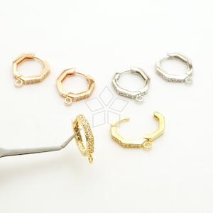 EA-369-OP / 2 Pcs - Octagonal Hoop Earrings, Cubic Zirconia Setting One Touch Hoop Earring Findings, Choose Color / 12.5mm