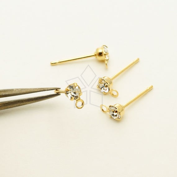 EA-218-GD / 20 Pcs - Clear Crystal Rhinestone Post Earring Findings, Clear Rhinestone Stud Earrings, 16K Gold Plated Brass / 3mm