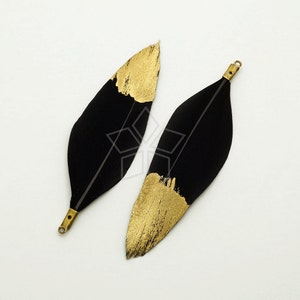 FT-045-BK / 2 pcs - Duck Feather Pendant, Handmade Black Dyed Feather Half Dipped in Gold, Natural Bohemian Plume Pendant / 50mm