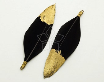 FT-045-BK / 2 pcs - Duck Feather Pendant, Handmade Black Dyed Feather Half Dipped in Gold, Natural Bohemian Plume Pendant / 50mm