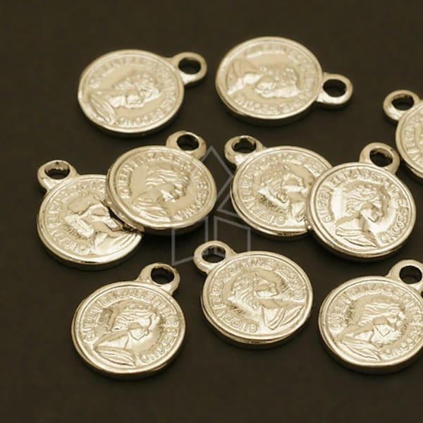 PD-321-OR / 2 Pcs - Queen Elizabeth Pendant, Coin Charm for Necklace Bracelet Making, Rhodium Silver Plated over Brass / 8mm