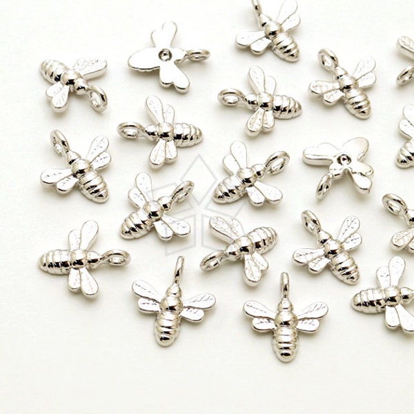 PD-1749-OR / 2 Pcs - New Tiny Mini Honey Bee Charm Pendant with a Large Loop, Silver Plated over Brass / 9mm x 10mm