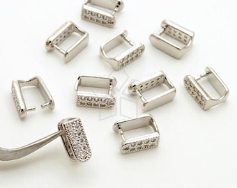 PS-089-OR / 2 Pcs - CZ Square Pinch Bail for Necklace, Pinch Bail Pendant Connector, Silver Plated over Brass / 4mm x 10mm