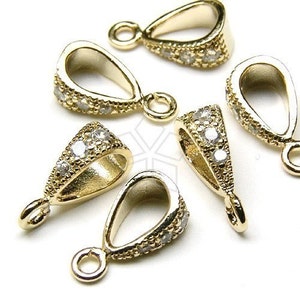 PS-021-GD / 2 Pcs - Pendant bail with CZ Stone Detail, Necklace Connector Findings, Gold Plated over Brass / 3.5mm x 10mm