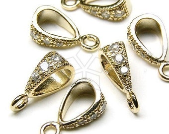 PS-021-GD / 2 Pcs - Pendant bail with CZ Stone Detail, Necklace Connector Findings, Gold Plated over Brass / 3.5mm x 10mm