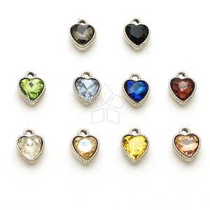 PD-662-AS / 2 Pcs - Color Crystal Stone Dangling Heart Charms, Tiny Antique Bezel Heart Pendant , Choose Stone Color! / 7x9mm