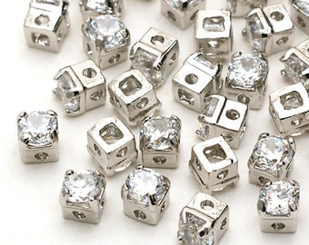 RD-001-OR / 10 Pcs - Square Cubic Zirconia Stone Beads Spacer, Silver Plated over Brass / 3mm x 3mm